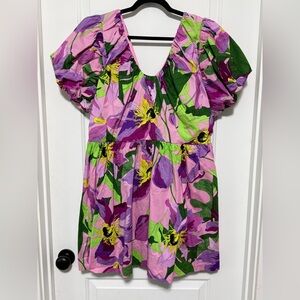 Express Floral V-Neck Puff Sleeve Poplin Mini Dress